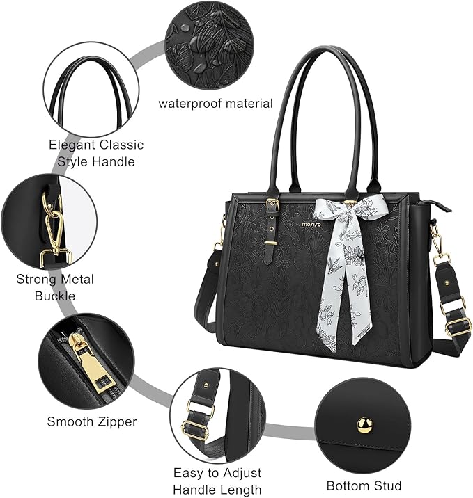 MOSISO Laptop Bag for Women, 17-17.3 inch PU Leather Tote Bag Compatible with MacBook, HP, Dell, Asus Notebook, Front Embossed Retro Hibiscus Computer Bags with Silk Scarf&Clutch Purse, Black