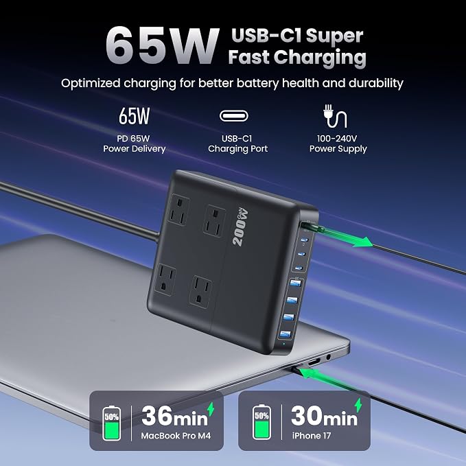 200W Charging Station,12-in-1 USB C Power Strip with Flat Plug and 5ft Extension Cord,4 AC Outlets,4 USB-A,4 USB-C Ports for iPhone 17/16/15,65W PD Fast Laptop Charger for MacBook, Home, Office, Dorm
