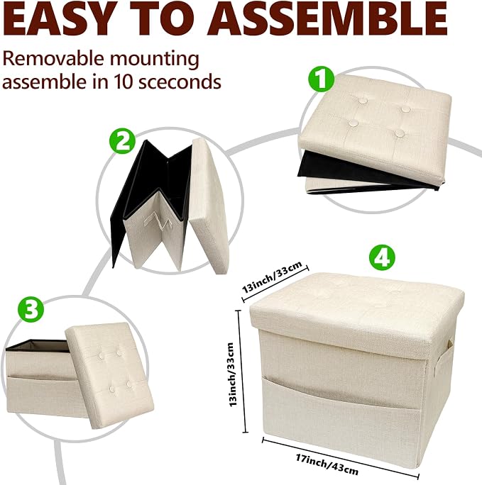 ALASDO Storage Ottoman Footrest Stool Small Ottoman with Storage Foldable Ottomans Foot Rest Footstool Bench for Living Room 17x13x13inches Beige