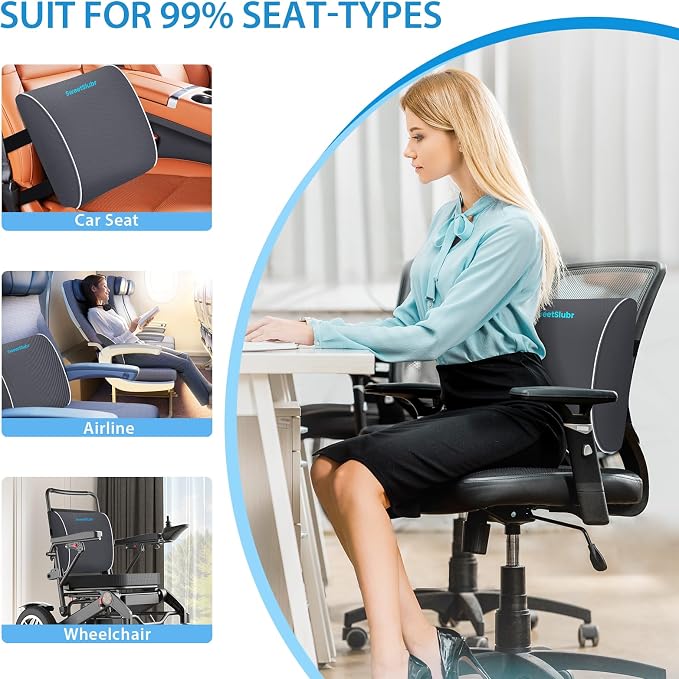 SweetSlubr Large Lumbar Support Pillow for Office Chair, Car Seats and Home Desks, Ergonomic Back Support with Double Adjustable Straps, Machine Washable Cover, Grey
