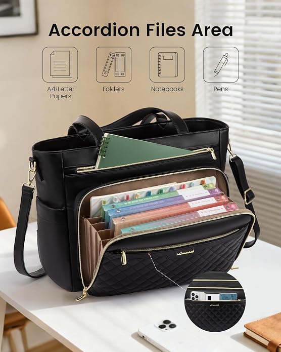 LOVEVOOK Teacher Tote Bag with Accordion File Pocket, Soft PU Leather Work Briefcase Quilted Laptop Bag with Large Cup Holder