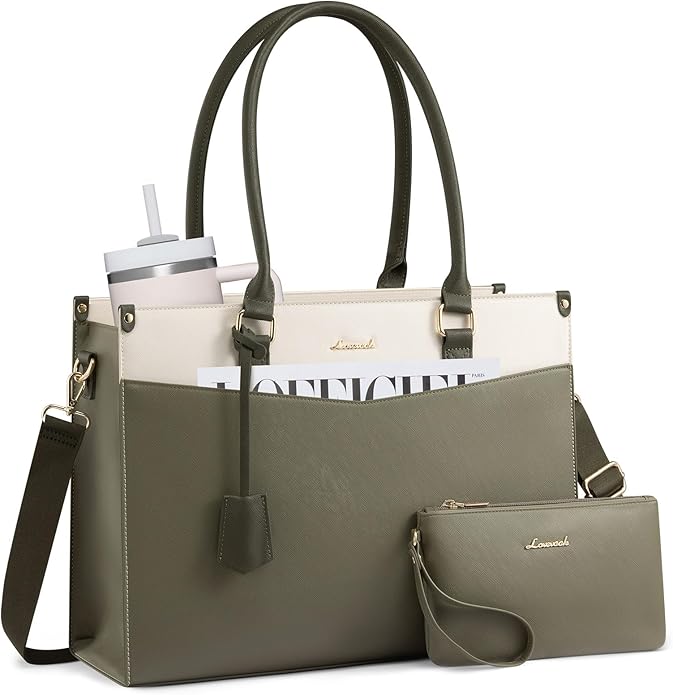 LOVEVOOK Laptop Bag for Women, 2-in-1 Tote Purse with Clutch & Cup Holder, Waterproof Briefcase for Work Travel