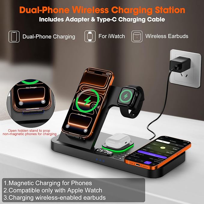Dual Phone Magnetic Wireless Charging Station for Apple Devices/Apple Ecosystem, 7-Color Auto Light & 12H Clock, Multi-Device Charger for iPhone 17/16/15, for iWatch 11/10/9 & AirPods Pro3(Black