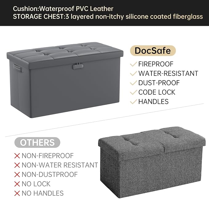 DocSafe Storage Ottoman Bench with Lock,Fireproof 30 Inches Folding Bench Foot Rest Stool Storage Chest Safe for Living Room,Bedroom,Home Office,Waterproof Leather Ottoman with Handles,Gray