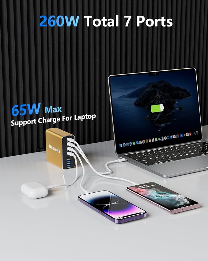 Aluminum Alloy 260W USB C Charger GaN Fast USB C Charging Station 7 Ports 65W Laptop Charger for MacBook Pro/Air/iPad Pro/iPhone (Glod)