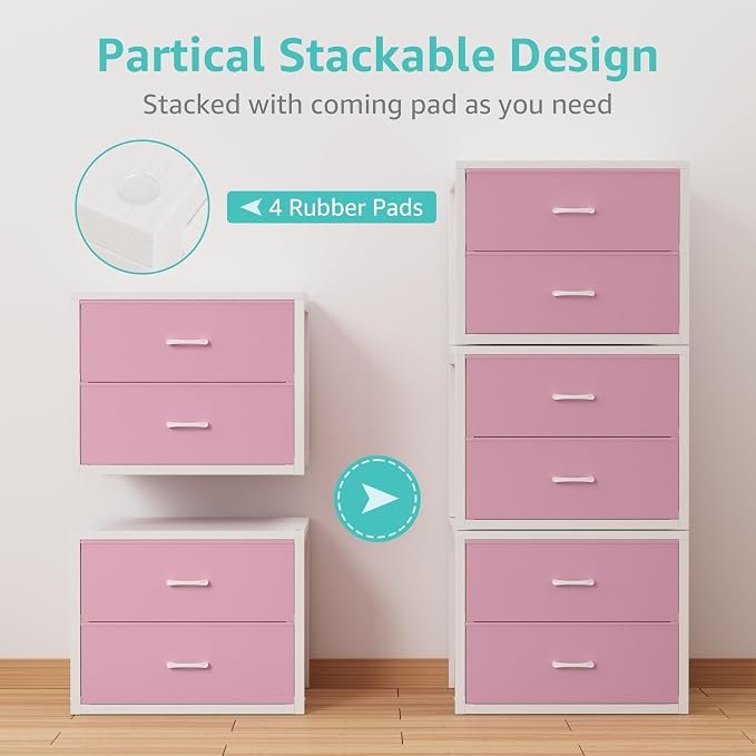 BOLUO Stackable Closet Drawers for Clothes Organizers and Storage Fabric Pink 2 Drawer Dresser for Bedroom 2 Packs Modern Large