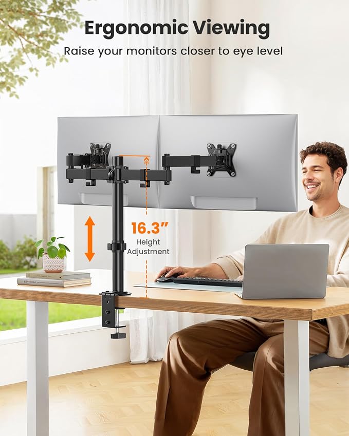 ErGear Dual Monitor Stand, Heavy-Duty Monitor Mount for 17″–32″ Monitors, Flexible Arms with Easy Dual-Monitor Alignment, Sturdy Stepped Arm Design for Superior Support, Supports 22 lbs per Arm