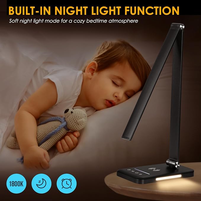 LED Desk Lamp with Wireless Charger, USB Charging Port, Night Light, 5 Color Modes, 10 Brightness, Eye Caring Reading Table Lamp for Home Office, Touch Control, Auto-Timer, Adapter Included