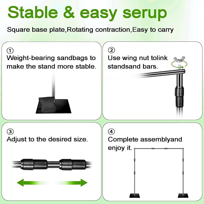 Green Screen Backdrop Kit, 8x10ft Metal Base Photo Studio Support System, Adjustable Backdrop Frame for Photography, Streaming, Weddings, Projector Screen, Tool-Free Setup & Portable Carry Bag