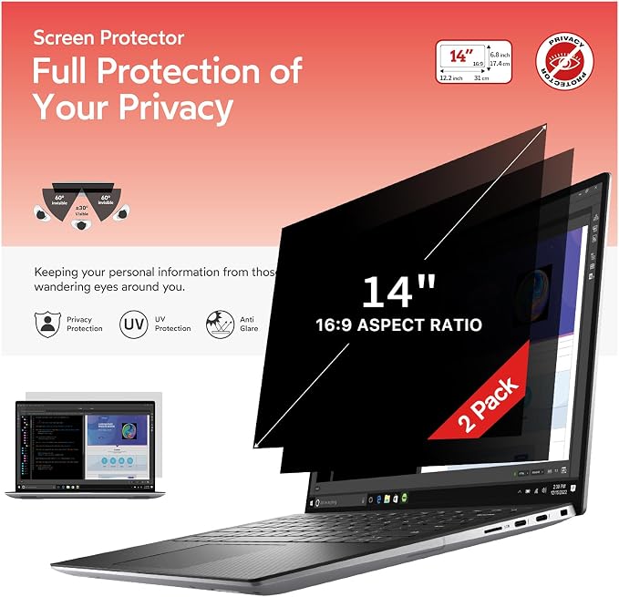 BERSEM 14 inch Removable Laptop Privacy Screen Filter for 16:9 Ratio Monitor, Anti-Spy, Anti-Glare, Anti-Scratch, UV-Blocking