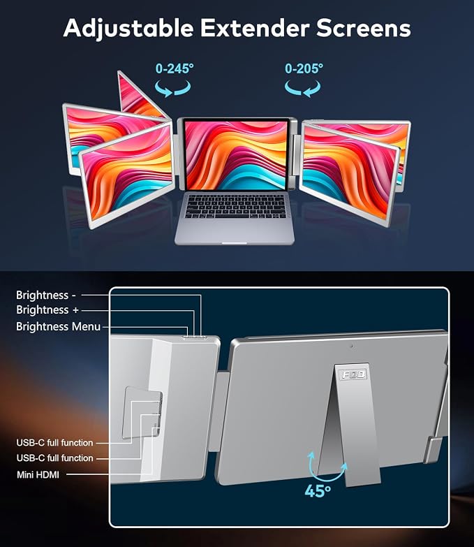 15.6" Laptop Screen Extender, Left Screen 360° Flip Triple Screen Monitor Extender, FHD 1080P IPS Portable Travel Monitor Display, fit for 13-17.3" Laptops, Compatible with Windows and MacBook-S10