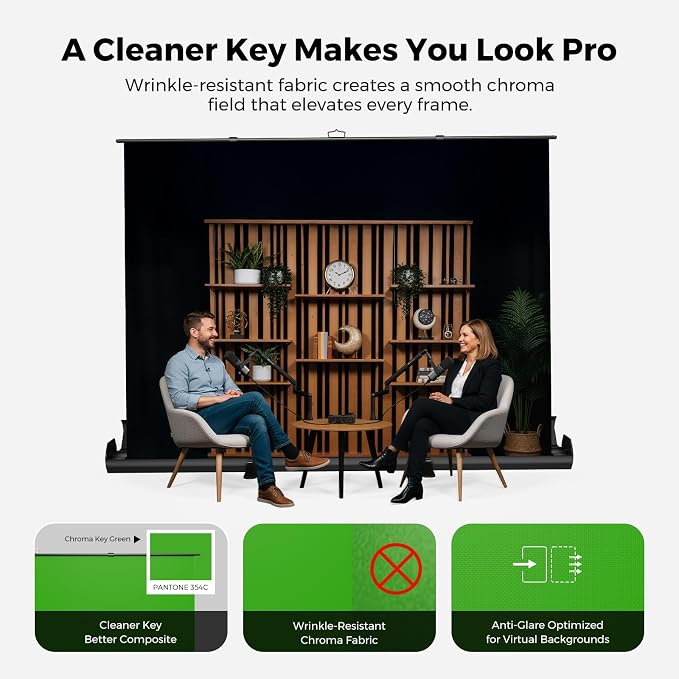 NearStream Pull-Up Green Screen Backdrop, 78.7" x 89.3", Retractable Chroma Key Background with Auto-Locking Frame, Wrinkle-Resistant Fabric, No Assembly for Streaming, Video Calls & Photography(VK50)