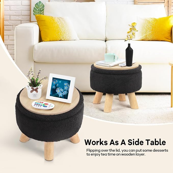 OGEMXU Ottoman Foot Rest, Small Round Ottoman with Storage, Boucle Teddy Velvet Footstool with Wood Legs, Soft Sponge Storage Ottoman for Living Room, Bedroom, Couch, Enterway (Black)