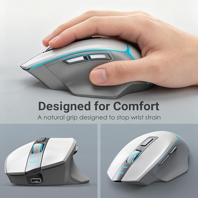 GAMCATZ White Wireless Gaming Mouse for Mac & iPad, Bluetooth/2.4G/USB-C Wired Gaming Mouse with 12500 DPI Backlit, Rechargeable Ergonomic Computer Mice for Laptop, PC & Apple Devices