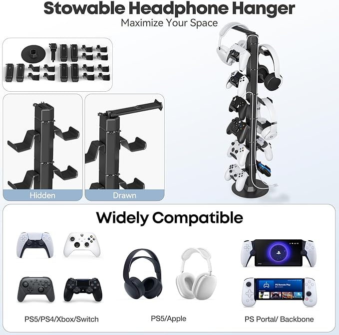 Gaming Controller & Headset Holder Stand for Desk, with Charger Cable Organizer Headphone Stand for PS5/ Xbox/ PS4/ Switch, Metal Base Controller Hook for Storage with 360° Rotatable Hanger- 6 Tiers