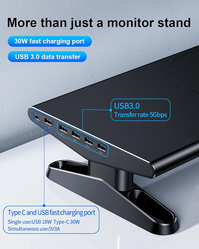 Computer Monitor Stand Riser for Desk with Usb Hub Charging,30W/5Gbps Usb C Docking Station with Power,4.4-5.7''Freely Height Adjustable with Phone Holder,Monitor Stands Riser for PC,Laptop,Printer,TV