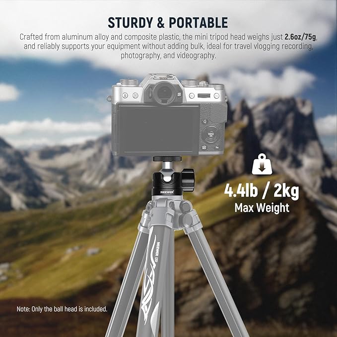 NEEWER Basic Mini Ball Head, Portable Tripod Head Camera Mount Adapter with 1/4" Screw for Compact DSLR Action Cam Phone LED Ring Light Monopod Slider, 4.4lb Max Load, 360° Swivel & 90° Tilt, GM01