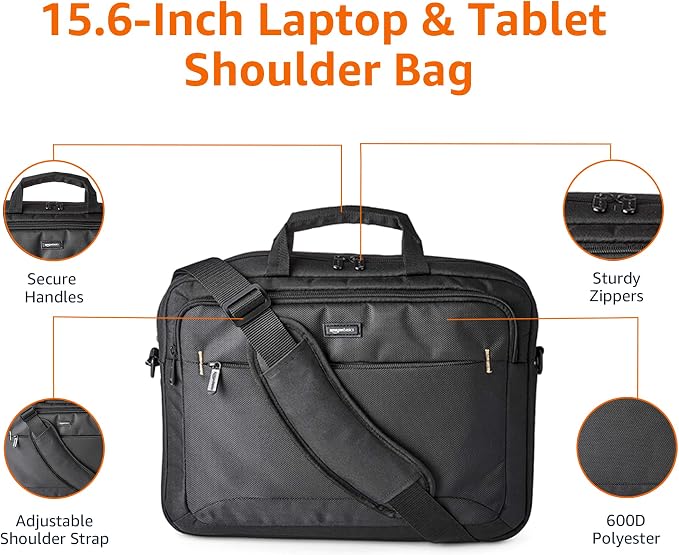Amazon Basics Laptop Carrying Case with Shoulder Strap, 15.6-inch, Black, Large Capacity Office Work Bag, 10-Pack