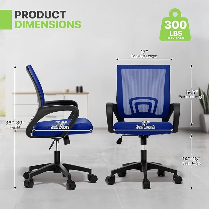 Magshion Ergonomic Office Chair Pack of 2, Mid-Back Mesh Desk Chair, Adjustable Swivel Computer Chair with Lumbar Support & Breathable Backrest for Gaming, Work, Study, 300 Lbs Capacity, Navy Blue