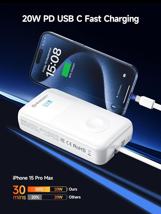 NEWDERY 5-in-1 Portable Charger 20000mAh Power Bank for Apple Watch/iPhone, PD 20W Fast Charging with LED Display, Built-in 2 Cables, Travel Battery Pack Compatible with iWatch, iPad, Samsung