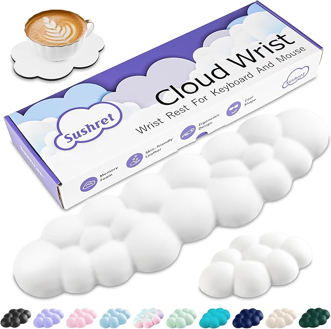 Sushret Cloud Wrist Rest Keyboard, Cloud Keyboard Wrist Pad Set with PU Leather Memory Foam, Cute Arm Rest for Palm Support, PC/Gaming Desk Accessories/Office Setup/Computer Hand Cushion - White