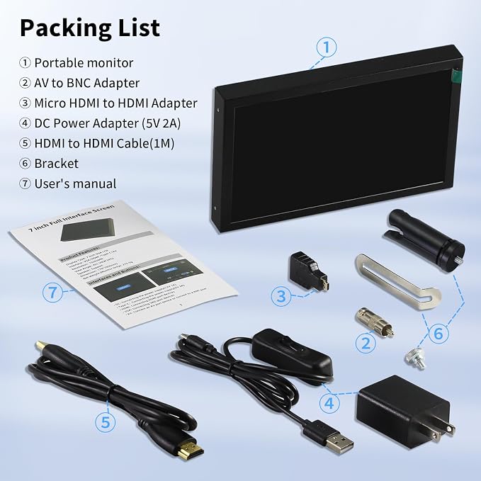 7 Inch Mini Monitor HDMI, Portable Vga Monitor with AV BNC 1024×600 LCD Screen with Built-in Speakers, 178° View Angle IPS, Multi-Function Mini Small Display for Raspberry Pi PC/TV/DVD/CVBS