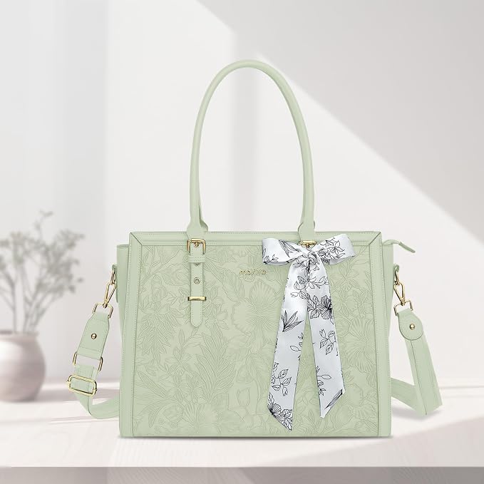 MOSISO Laptop Bag for Women, 17-17.3 inch PU Leather Tote Bag Compatible with MacBook, HP, Dell, Asus Notebook, Front Embossed Retro Hibiscus Computer Bags with Silk Scarf&Clutch Purse, Sage Green