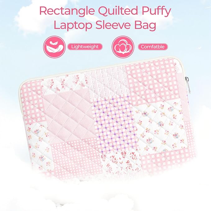 13-14 inch Cotton Quilted Laptop Sleeve for Women, Aesthetic Puffy Laptop Case Carrying Bag Compatible with MacBook Air/Pro 13/Pro 14, Soft Computer Liner Bag (Pink Patchwork, 13.3 inch)