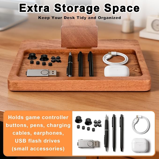 Headset Stand with Dual Controller Holder, Solid Wood Headphone Stand with Storage Base, Gaming Equipment Accessories for Desk