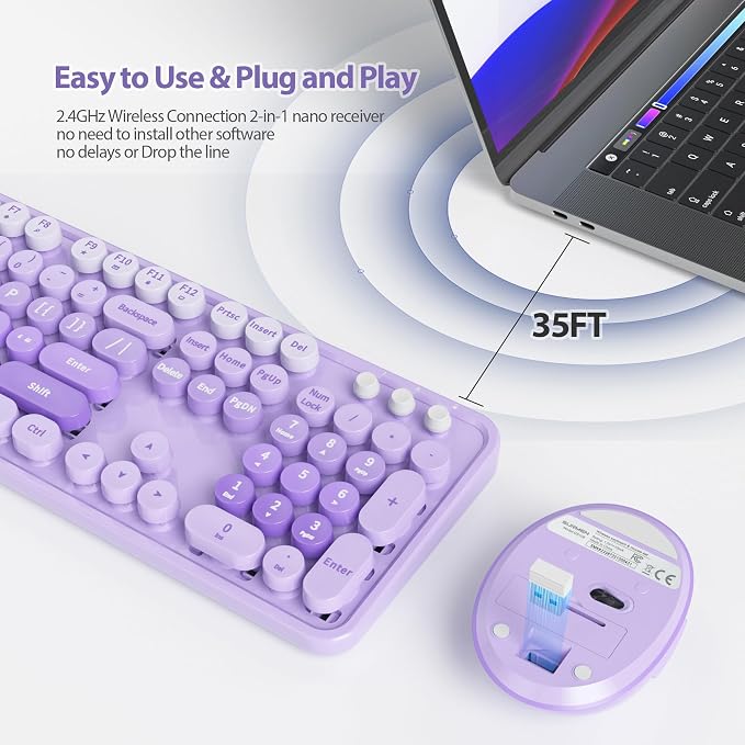 Fogruaden Purple Retro Typewriter Keyboard and Mouse Wireless, 2.4GHz Office Full-Sized Colorful Computer Keyboard with Number Pad and Cute Mouse for Windows PC Desktops Laptop