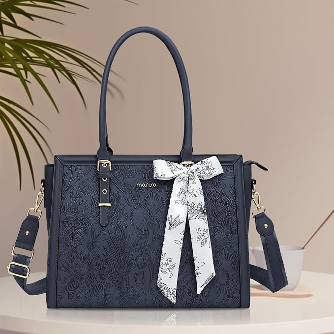 MOSISO Laptop Bag for Women, 17-17.3 inch PU Leather Tote Bag Compatible with MacBook, HP, Dell, Asus Notebook, Front Embossed Retro Hibiscus Computer Bags with Silk Scarf&Clutch Purse, Haze Blue