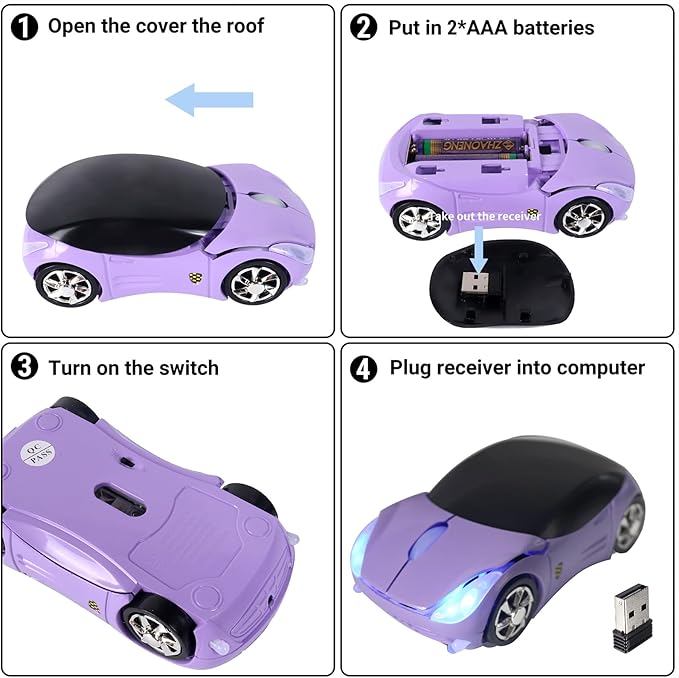 elec Space Wireless Mouse, 2.4GHz Car Wireless Mouse Cool 3D Sport Ergonomic Optical Cordless Mice with USB Receiver for PC Laptop Computer Women Small Hands (Purple)