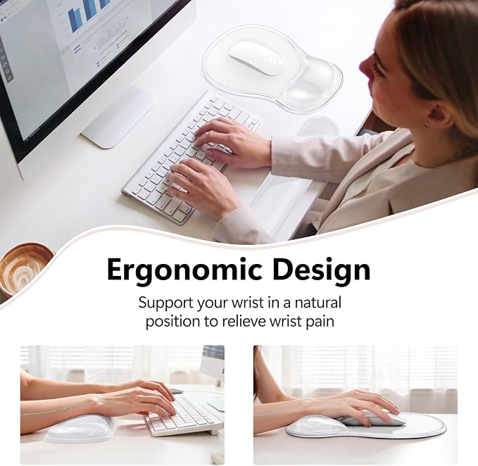 AKIT Ergonomic Mouse Pad and Keyboard Wrist Rest, Gel Wrist Rest for Computer Keyboard, Non-Slip Base, Pain Relief, Mousepad Set for Gaming, Home and Office, Clear