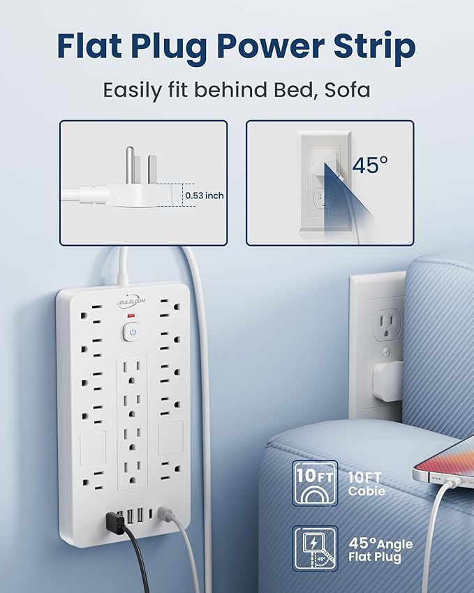 JouleLoom Surge Protector Power Strip-14 Outlets and 6 USB Ports, 20 Feet Flat Plug Extension Cord, 1850 Joules, White, ETL Listed for Home, Office, Dorm Room