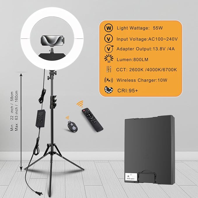Ring Light 18 INCH Kit,55W6700k Dimmable LED Light, Tripod Stand, Remote Controller,Box for Camera,Smartphone,YouTube,TikTok,Self-Portrait Shooting,CRI95 (Black)