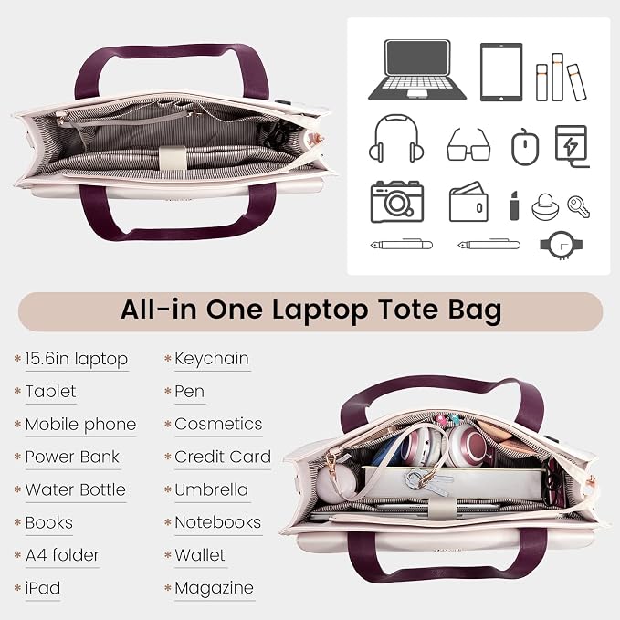 LOVEVOOK Laptop Bag Women 15.6 Inch Laptop Tote Professional Leather Computer Briefcase Waterproof Shoulder Bag Large Capacity Business Teacher Office Crossbody Purse