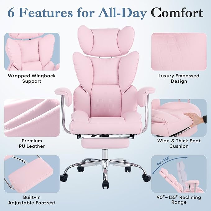 DUMOS Big and Tall Office Chair 350 LBS, Scratch-Resistant PU Leather Executive Office Desk Chair with Footrest, Ergonomic Reclining Computer Chair with Pocket Spring Support for Home Office, Pink