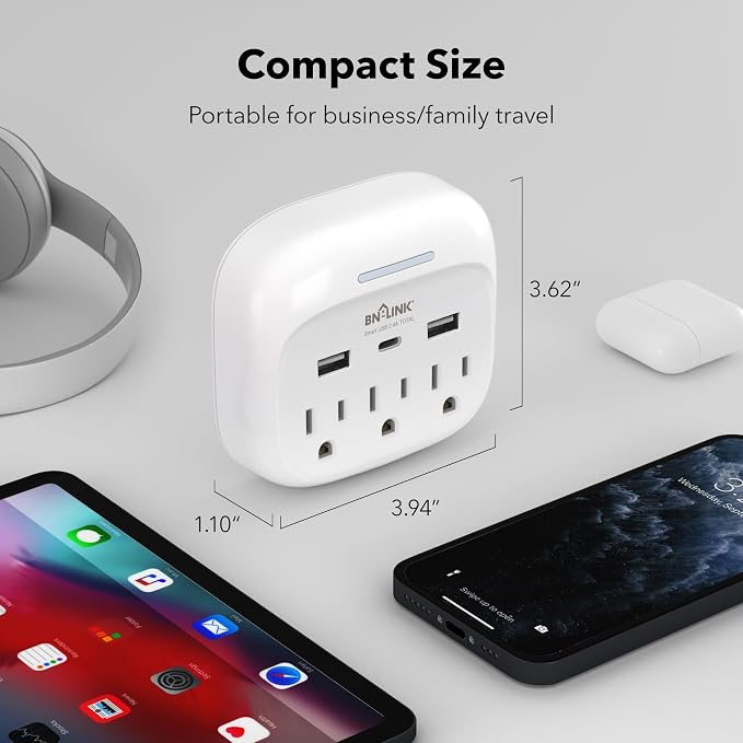 BN-LINK Multi Plug Outlet Extender with USB, Surge Protector Outlet with 3 AC Outlet Splitter and 3 USB Ports (1 USB C), Multi Plug Wall Outlet for Dorm, School, Travel, Office, Home, Travel, 1 Pack