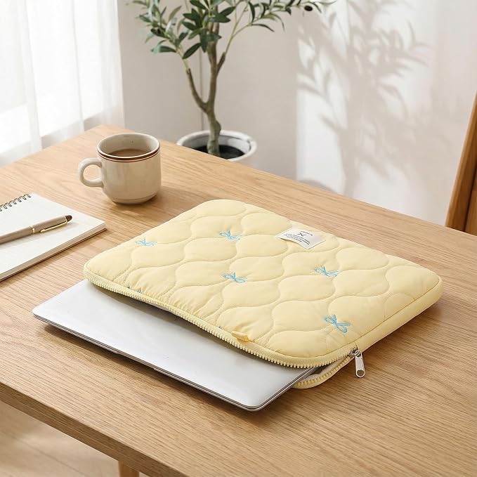 Cute Bow Laptop Case Coquette 13-15 Inch Puffy Laptop Sleeve Accessories Aesthetic Quilted Computer Bag for MacBook (Yellow 1, 13-14inch)