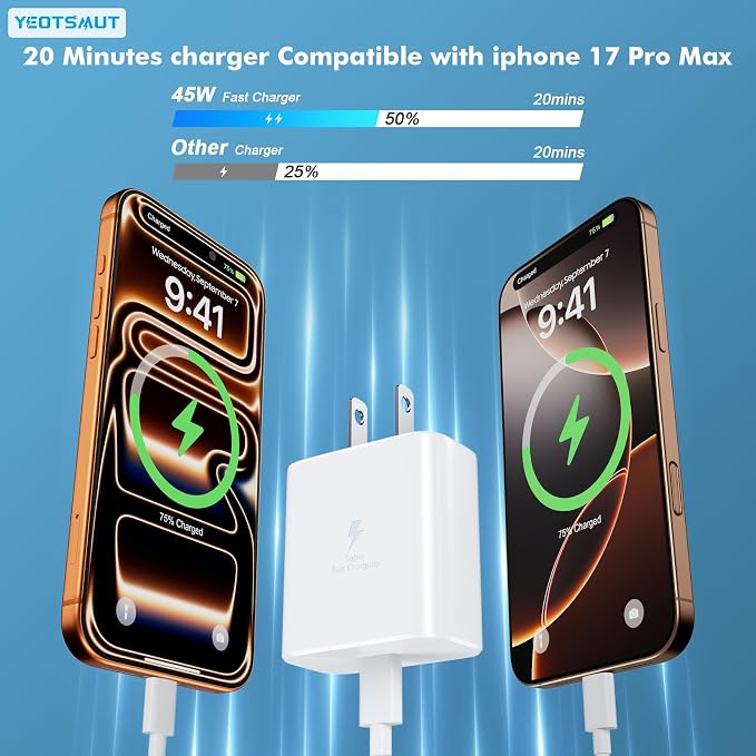 i Phone 17 Charger Fast Charging，45W Fast Charging Replacement for 17/17Pro/17Pro Max/17 Air/ 16 Pro Max/16 Pro/16/16Plus/15 Pro Max/15 Pro/15/15Plus,i Pad and More，10FT Type C Cords