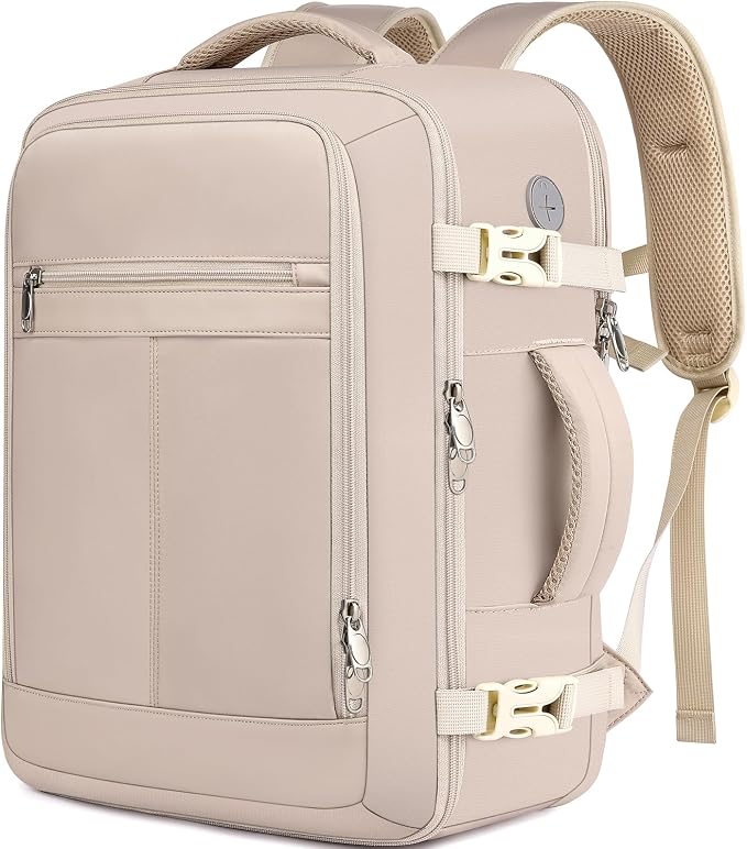 EZUOLA Carry On Backpack, Travel Backpack for Men Women Airline Approved, Underseat Personal Item Travel Bag With Shoe Compartment,Laptop Mochila 15.6inch Casual Daypack for Weekender College,Beige
