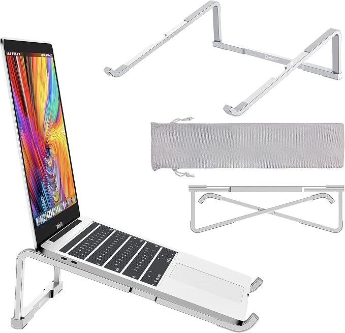Laptop Stand for Desk - Foldable, Lightweight Aluminum Laptop Riser Holder, Portable Stand for 10-15.6” Laptops, Prevents Overheating with Non-Slip Rubbers, Travel-Friendly, Ergonomic Design
