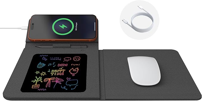 Foldable Wireless Charging Mouse Pad with Writing Tablet,15W Qi Magnetic Fast Charging Travel Mouse Pad,Multi-Functional PU Leather Mat Charging Pad for iPhone Samsung iWatch,Office Home Accessories