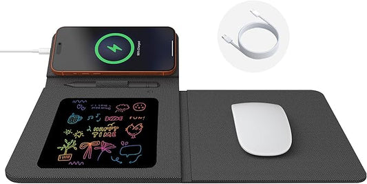Foldable Wireless Charging Mouse Pad with Writing Tablet,15W Qi Magnetic Fast Charging Travel Mouse Pad,Multi-Functional PU Leather Mat Charging Pad for iPhone Samsung iWatch,Office Home Accessories