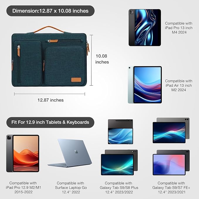MOSISO 12.9 inch Tablet Sleeve Case for iPad Pro 13 M4 & iPad Air 13 M3 M2, iPad Pro 12.9 M2 M1 6/5th with Magic Keyboard&Smart Keyboard Folio, Side Open Carrying Bag with 4 Zipper Pockets, Teal Green
