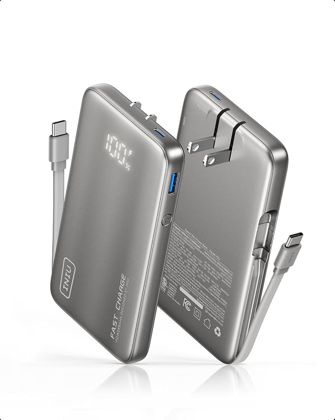 INIU Portable Charger, Ultra Small 45W Fast Charging Power Bank with Built-in AC Wall Plug, 10000mAh GaN 3-in-1 Battery Pack for Flight-Safe Travel, for iPhone 17 16, Samsung S26, iPad etc, Gray