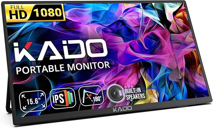 Kado 75Hz Portable Monitor 15.6-Inch FHD 1080p, 45W Reverse Charging USB-C mini-HDMI Gaming Monitor IPS Display Built-in Speakers, Second Display Kickstand for Laptop PC Phone Mac Xbox PS4/PS5 Switch
