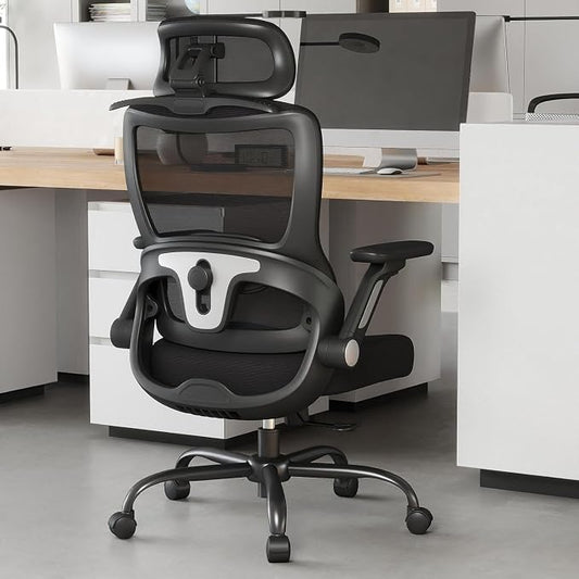 Ergonomic Office Chair, High Back Home Desk Chair with Adjustable Lumbar Support, Flip-Up Arms, Headrest, 90-135° Tilt Lock, Wide Big and Tall Mesh Computer Seating with Wheels