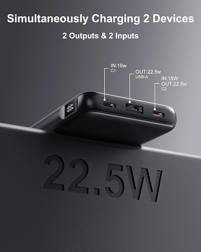 2-Pack 10000mAh Power Bank Fast Charging, 22.5W Compact USB C Portable Charger with 2 Outputs & 2 Inputs, LED Display Battery Pack Compatible with iPhone iPad Tablets, Black & White