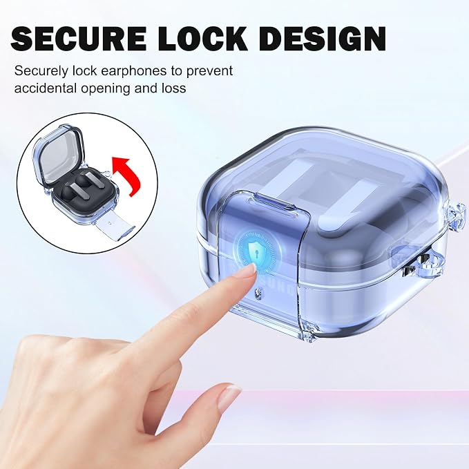 CameCosy Transparent case Compatible for Samsung Galaxy Buds 4/Buds 4 Pro 2026 with Lock Buckle & Phone Stand Function, TPU Shockproof Anti-Scratch Cover with Carabiner for Women Men, Clear Blue